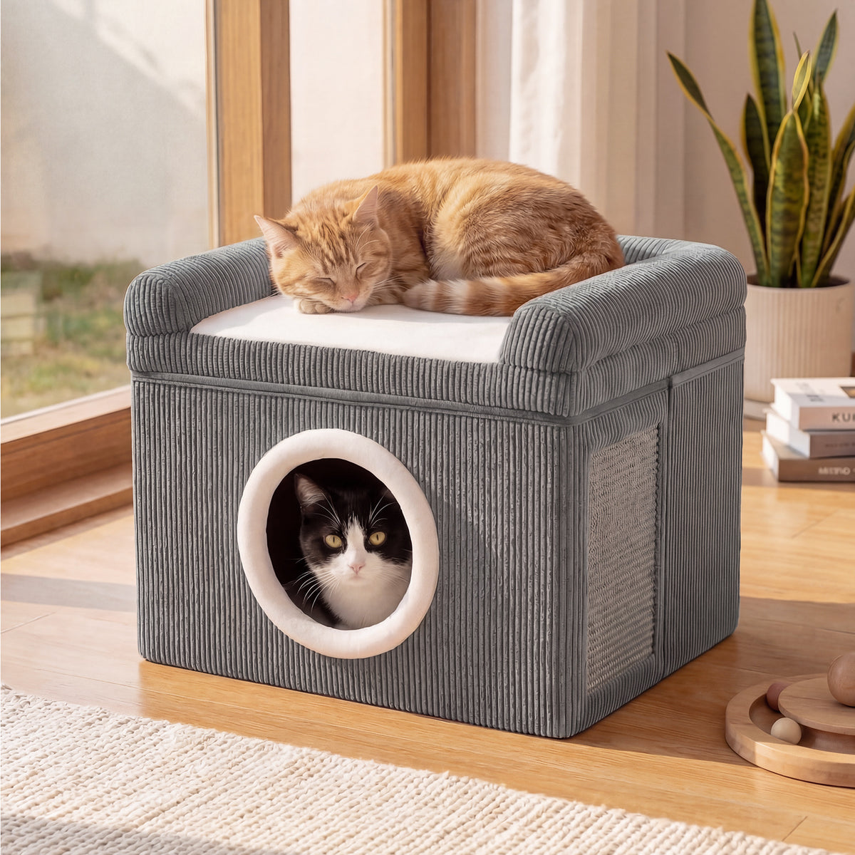 Large Cat Cave with Cozy Condo Sisal Scratching Mat and Anti-Slip Bottom-Grey
