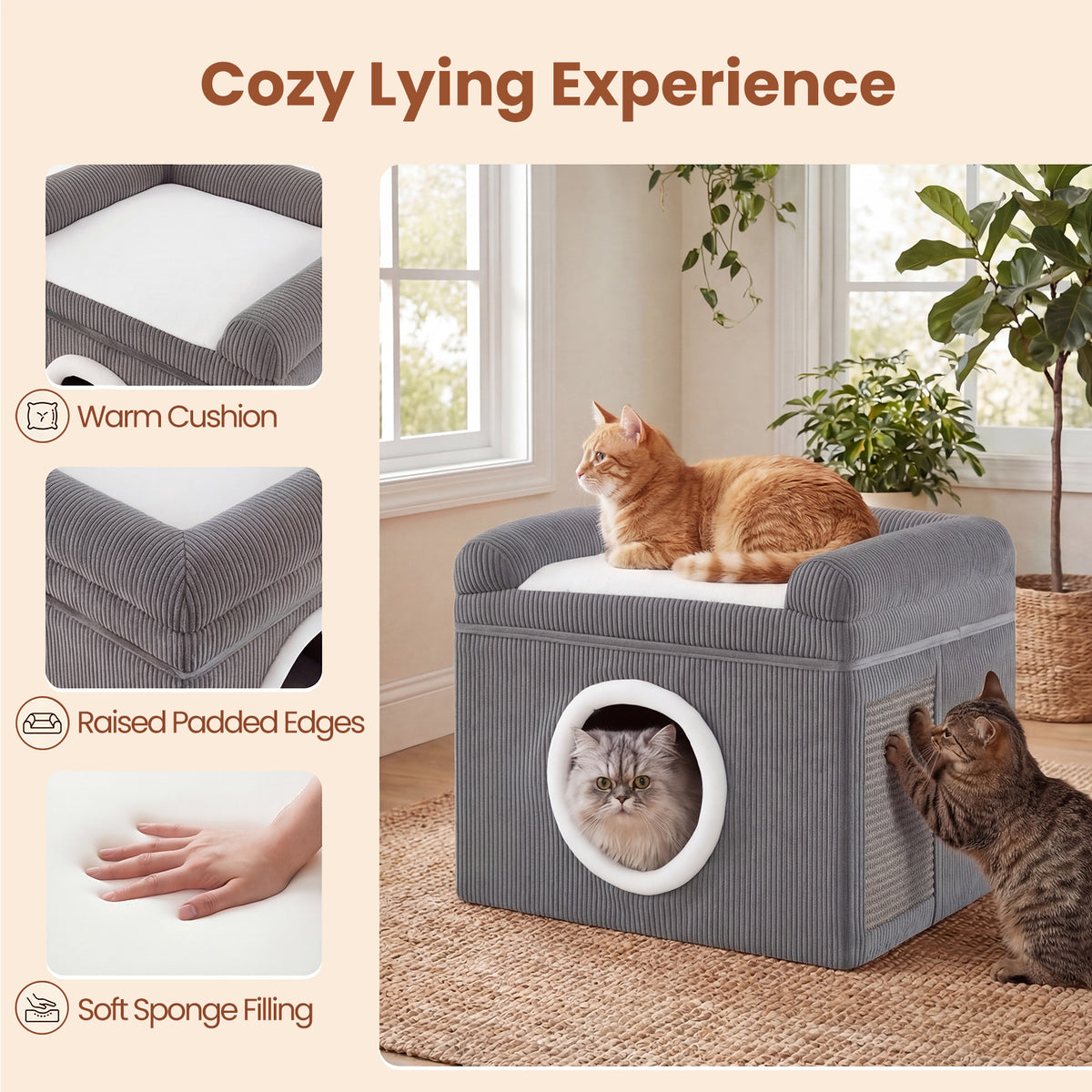 Large Cat Cave with Cozy Condo Sisal Scratching Mat and Anti-Slip Bottom-Grey