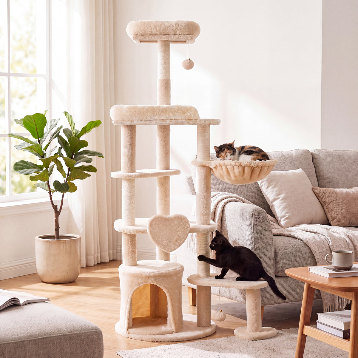 Large Multi-Level Cat Tree with Sisal-Covered Scratching Posts-Beige