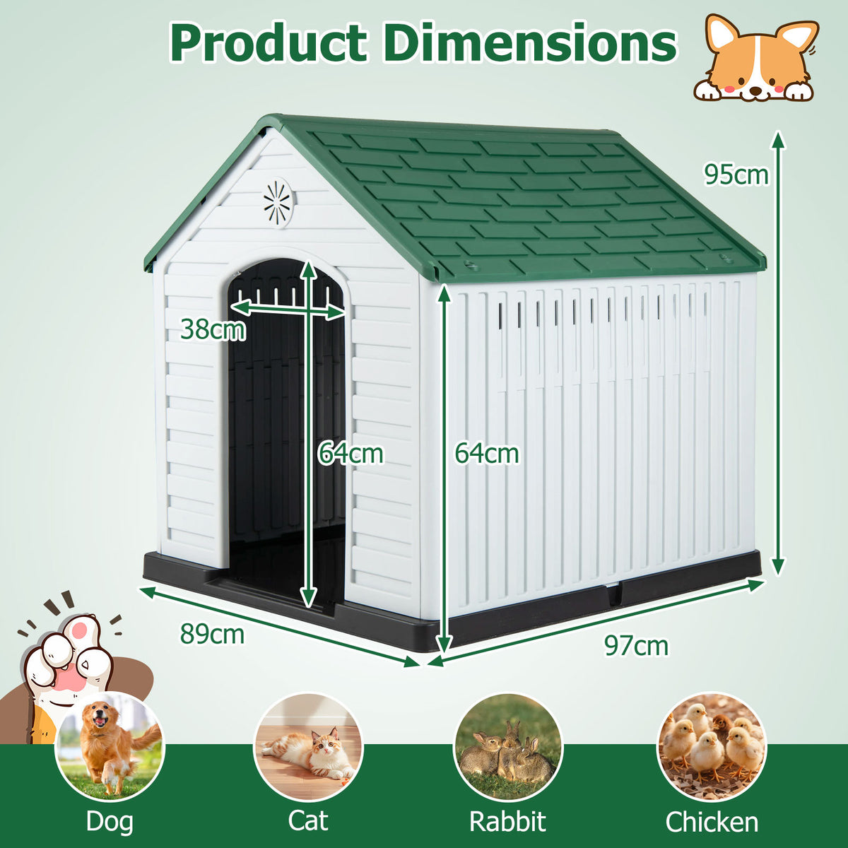 Large Plastic Dog House Waterproof Pet Shelter with Air Vents-Green
