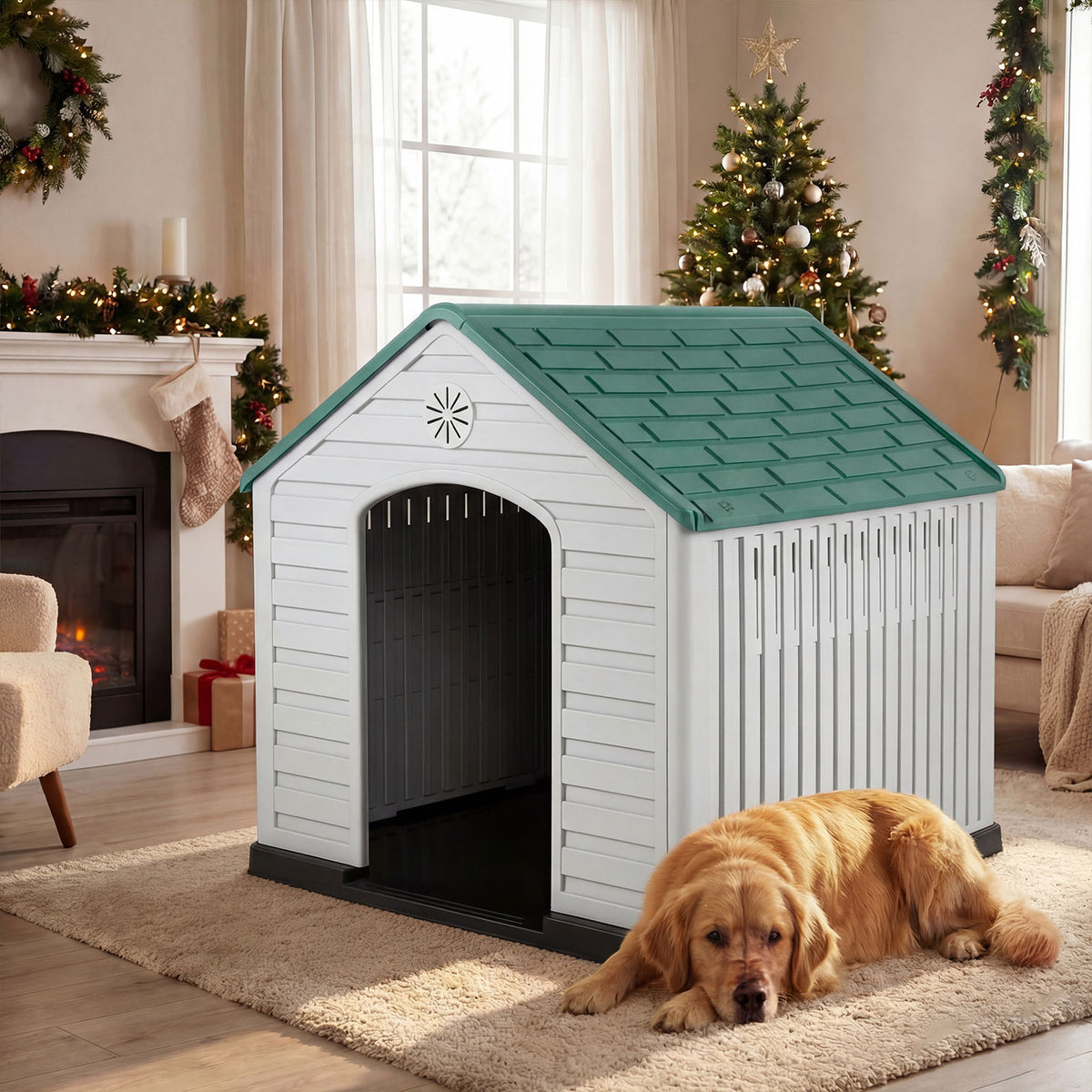 Large Plastic Dog House Waterproof Pet Shelter with Air Vents-Green