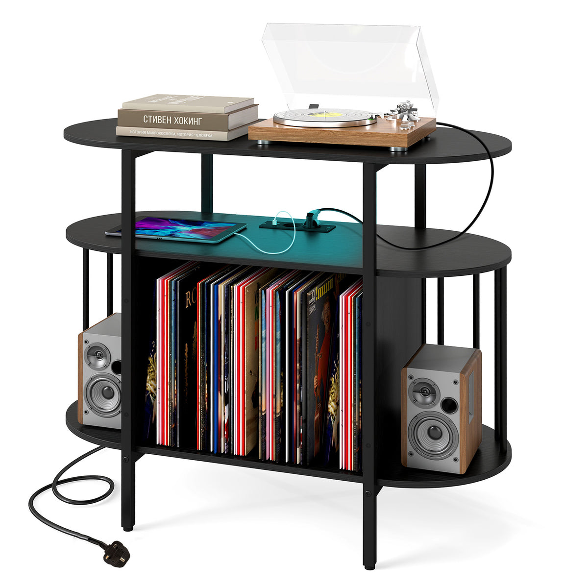 Large Record Player Stand w/LED Lights Charging Station & Display Shelves for Music Corner-Black