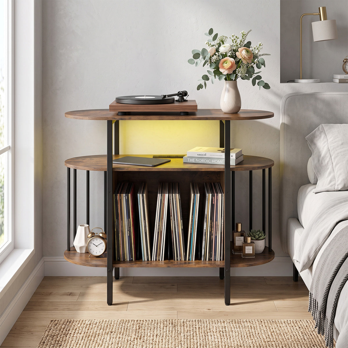 Large Record Player Stand w/LED Lights Charging Station & Display Shelves for Music Corner-Rustic Brown
