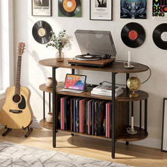 Large Record Player Stand w/LED Lights Charging Station & Display Shelves for Music Corner-Rustic Brown