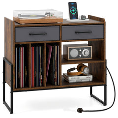 Large Record Player Stand with Charging Station Mid Century Modern Vinyl Storage Cabinet-Rustic Brown