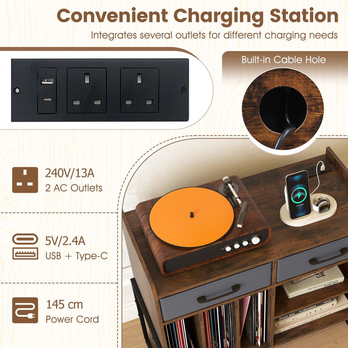 Large Record Player Stand with Charging Station Mid Century Modern Vinyl Storage Cabinet-Rustic Brown