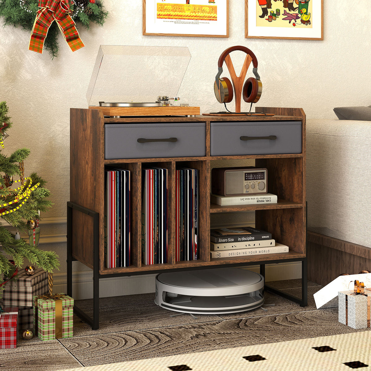 Large Record Player Stand with Charging Station Mid Century Modern Vinyl Storage Cabinet-Rustic Brown