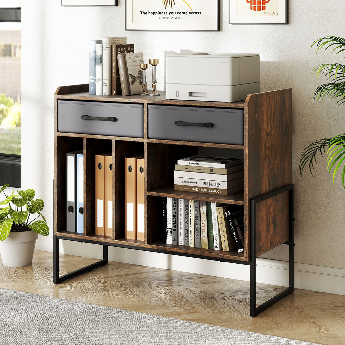 Large Record Player Stand with Charging Station Mid Century Modern Vinyl Storage Cabinet-Rustic Brown