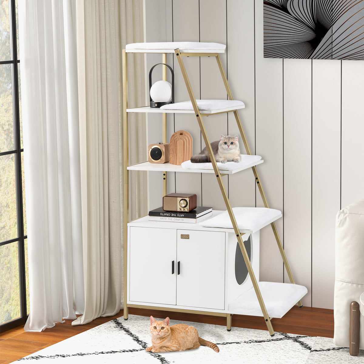 Large Cat Litter Box Enclosure with Storage and Removable Plush Mats-White