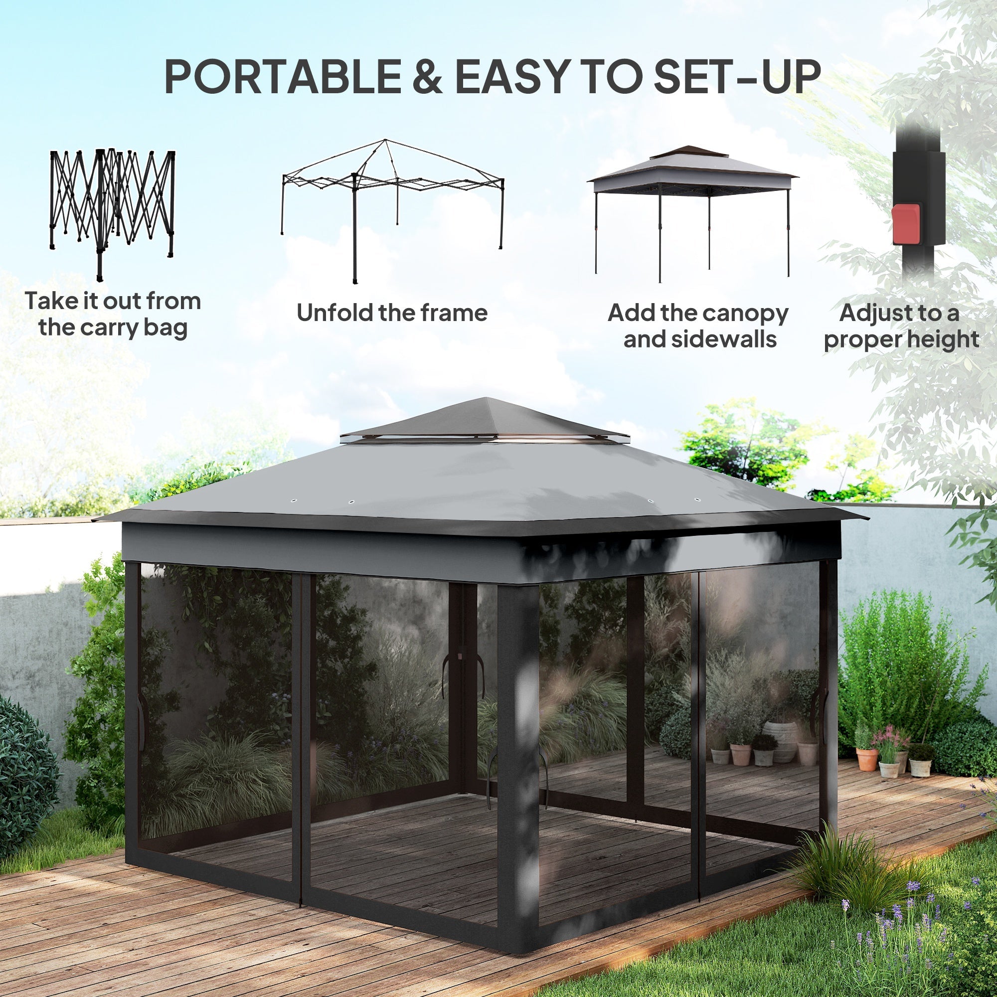 Outsunny 3 x 3(m) Pop Up Gazebo, Height Adjustable Instant Event Shelter with Netting and Carrying Bag, Grey