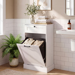 Laundry Cabinet with Tilt Out Hamper Drawer and Removable Bin for Bathroom-White