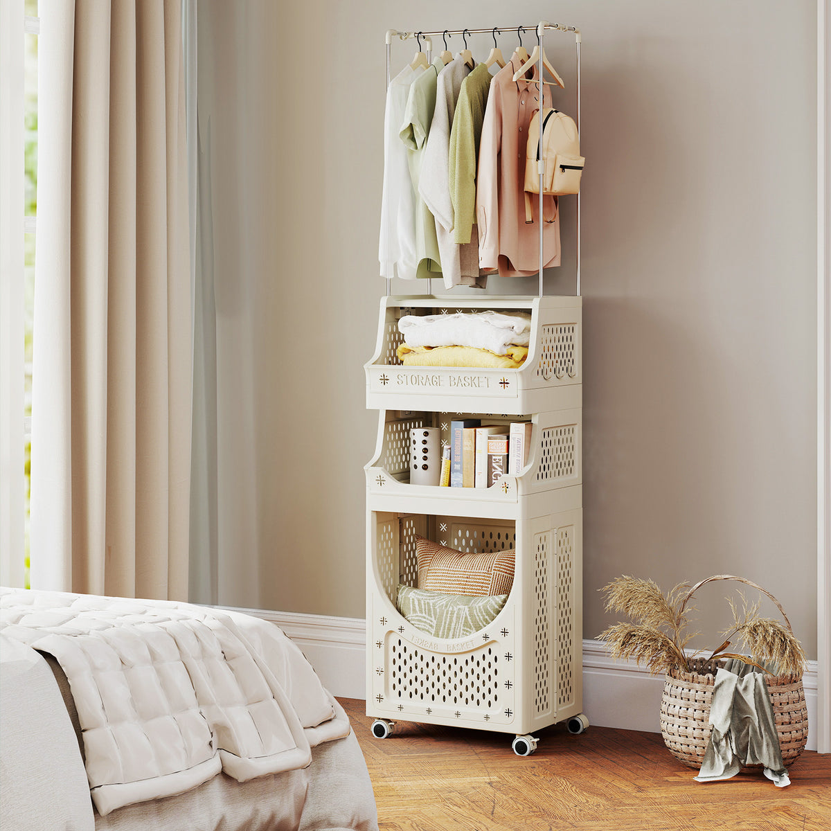 2-in-1 3/4-Tier Laundry Cart with Hanging Bar and Lockable Wheels-4-Tier-Beige