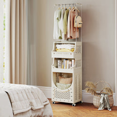 2-in-1 3/4-Tier Laundry Cart with Hanging Bar and Lockable Wheels-4-Tier-Beige