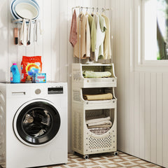 2-in-1 3/4-Tier Laundry Cart with Hanging Bar and Lockable Wheels-4-Tier-Beige