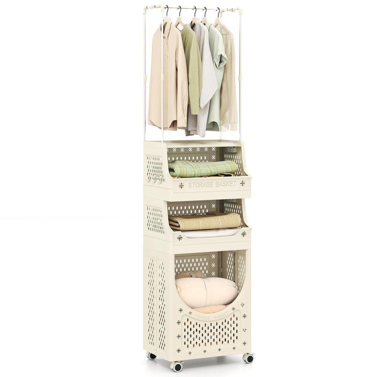2-in-1 3/4-Tier Laundry Cart with Hanging Bar and Lockable Wheels-4-Tier-Beige