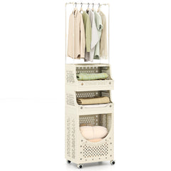 2-in-1 3/4-Tier Laundry Cart with Hanging Bar and Lockable Wheels-4-Tier-Beige