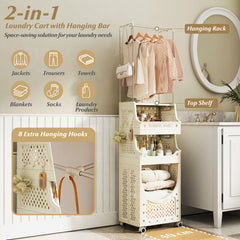 2-in-1 3/4-Tier Laundry Cart with Hanging Bar and Lockable Wheels-4-Tier-Beige