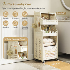 3/4-Tier Laundry Cart with Large Hamper and Lockable Wheels-Beige-4-Tier