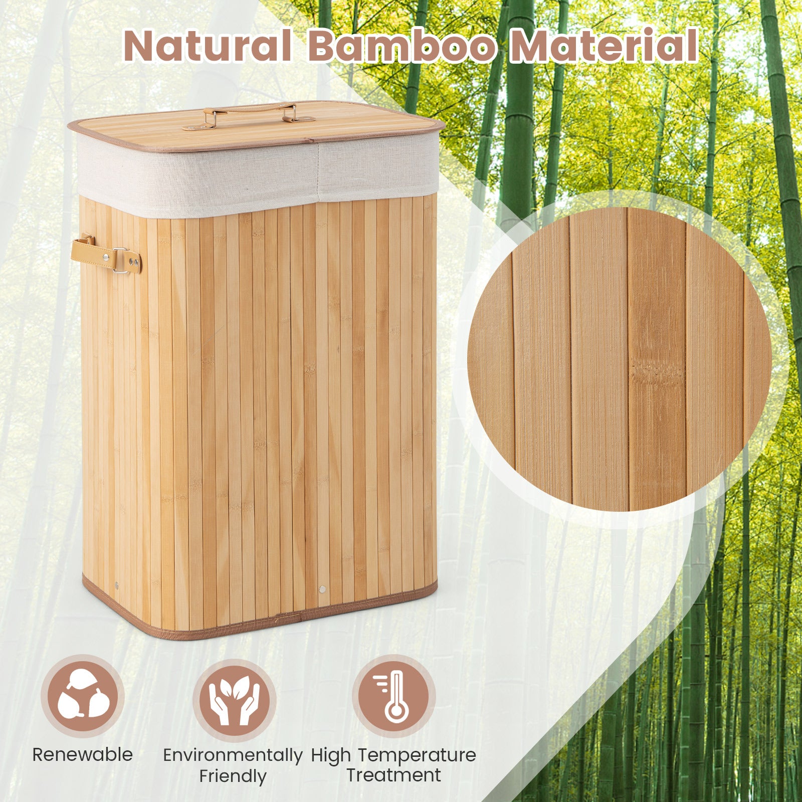 Laundry Hamper with Lid and Handles-Natural
