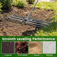 Lawn Leveling Rake with Adjustable Handle and Rotating U-Head for Topsoil-Silver