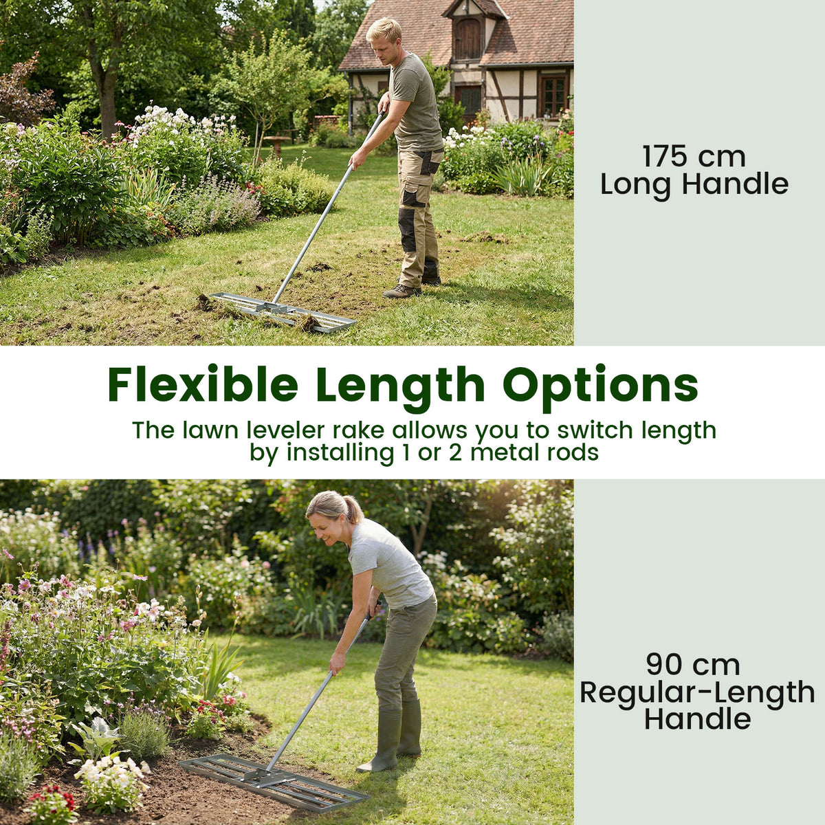 Lawn Leveling Rake with Adjustable Handle and Rotating U-Head for Topsoil-Silver
