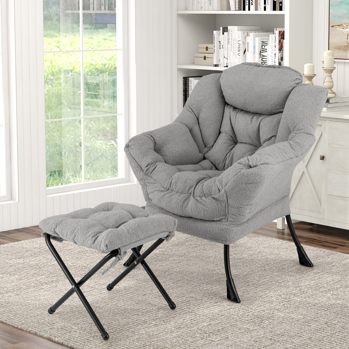 Lazy Chair with Ottoman and Folding Footrest for Living Room-Grey