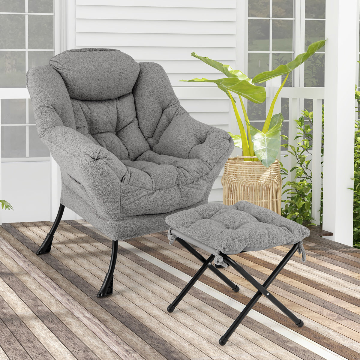 Lazy Chair with Ottoman and Folding Footrest for Living Room-Grey