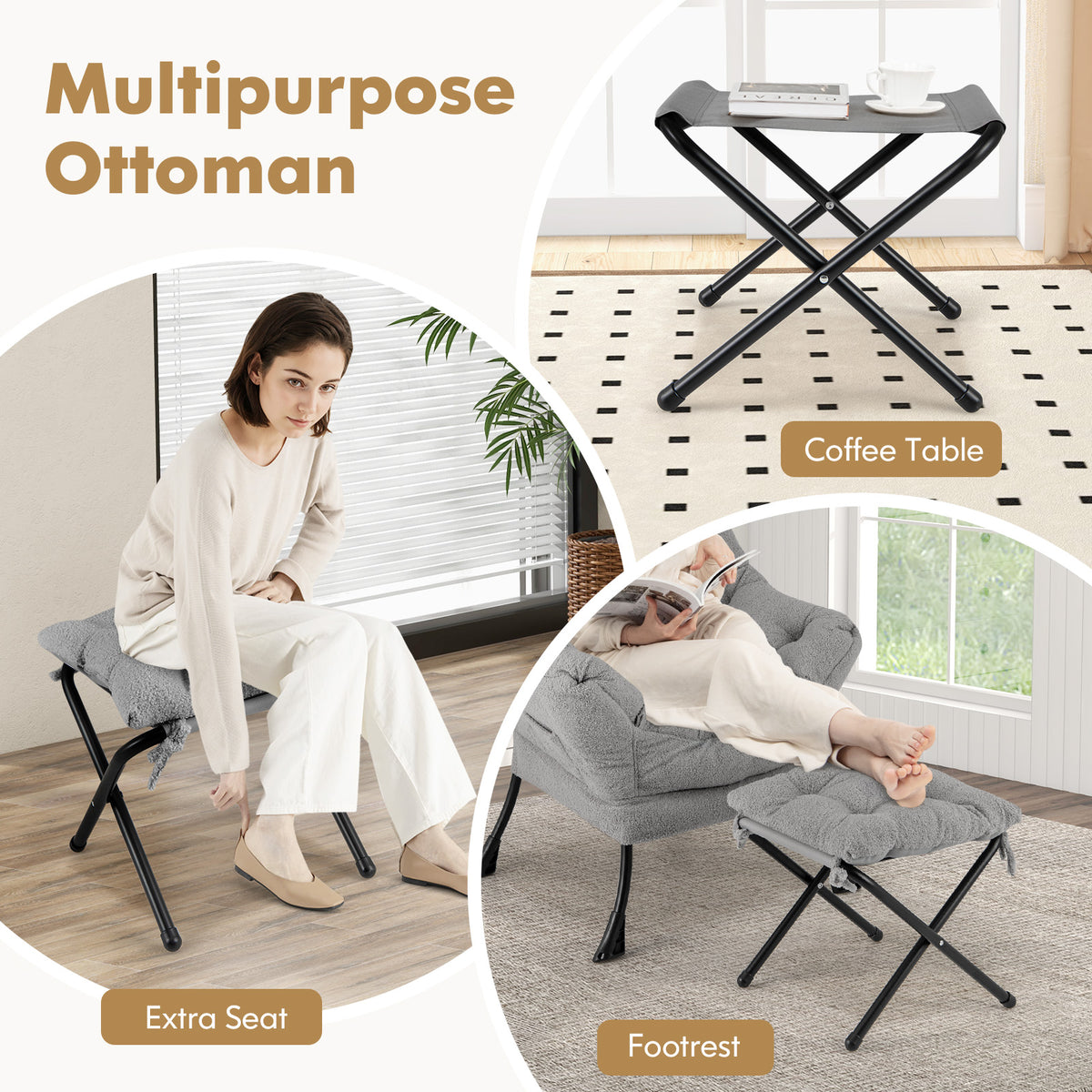 Lazy Chair with Ottoman and Folding Footrest for Living Room-Grey