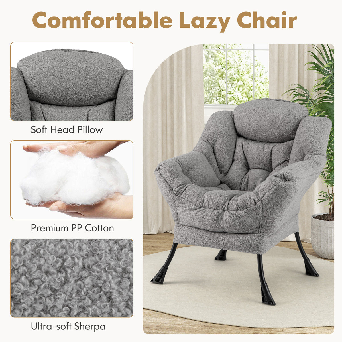 Lazy Chair with Ottoman and Folding Footrest for Living Room-Grey