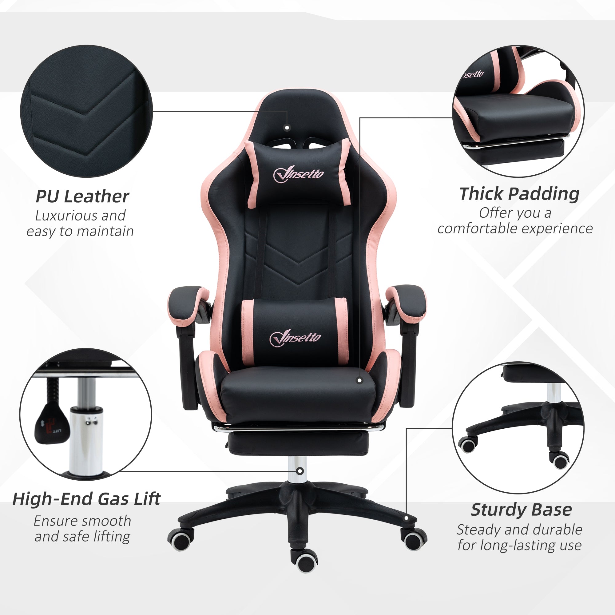 Vinsetto Computer Gaming Chair, PU Leather Office Desk Chair with Footrest, Swivel Wheels, 135√Ç¬∞ Reclining Back, Lumbar Support, Headrest for Home, Black and Pink