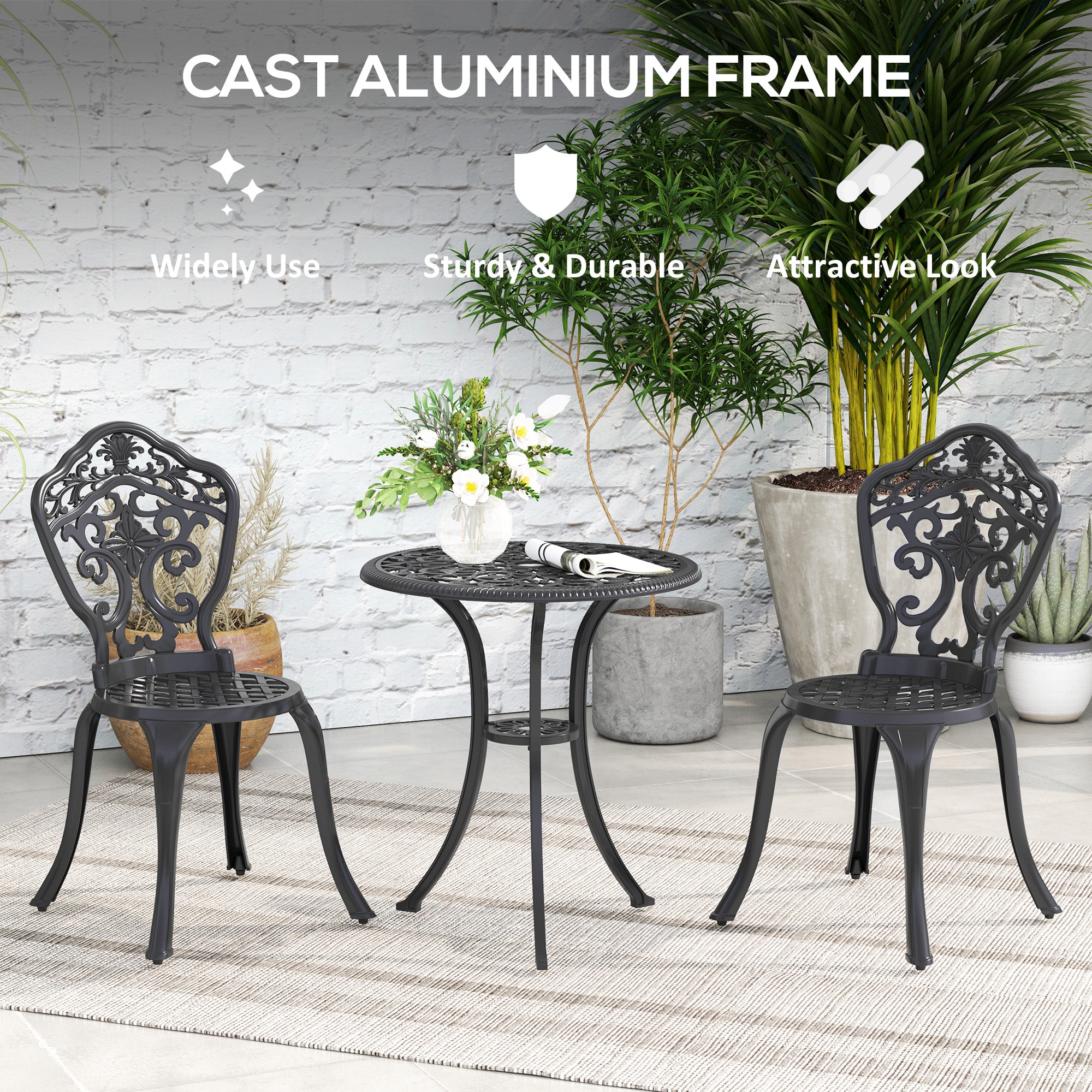 Outsunny Three-Piece Aluminium Floral Bistro Set - Black