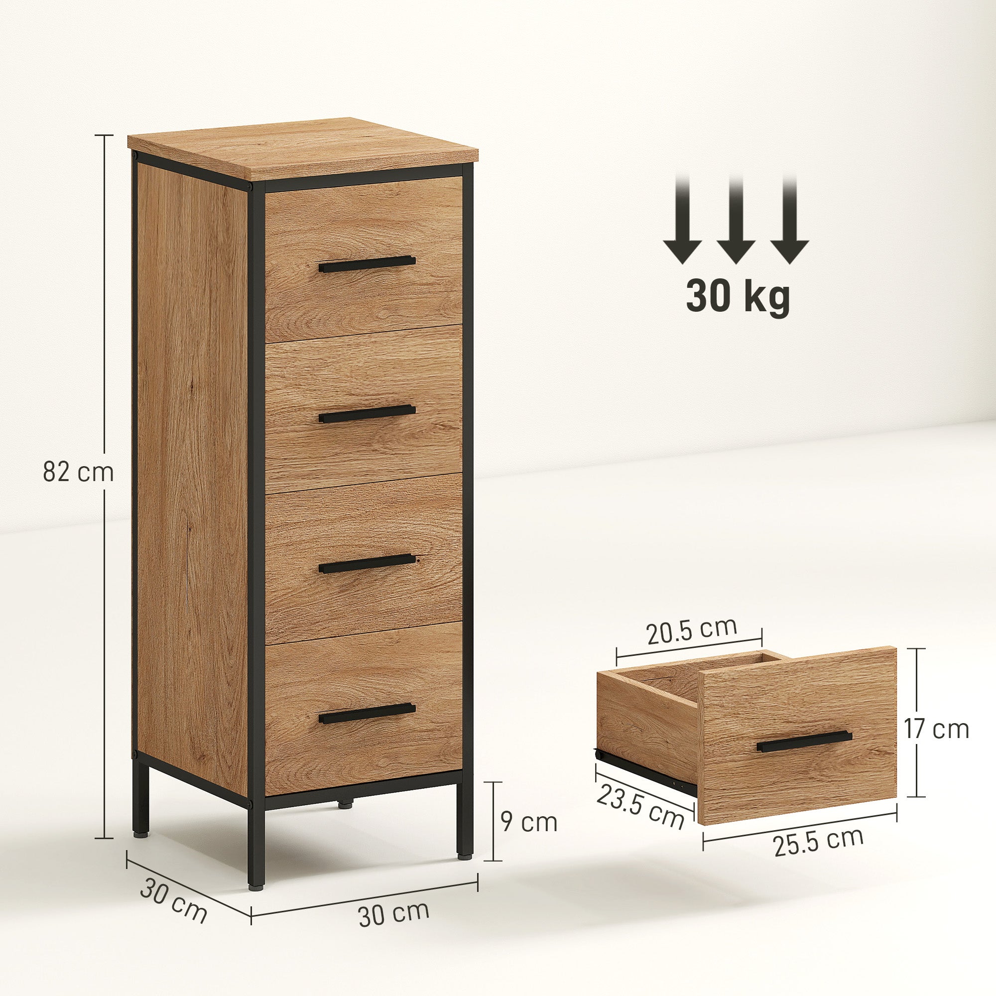 HOMCOM Narrow Bathroom Storage Cabinet with 4 Drawers - Oak