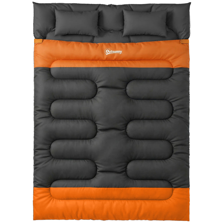 Outsunny Double Sleeping Bag with 2 Pillows, 220 x 160 cm Extra-Large Sleeping Bag for Adults, Grey and Orange