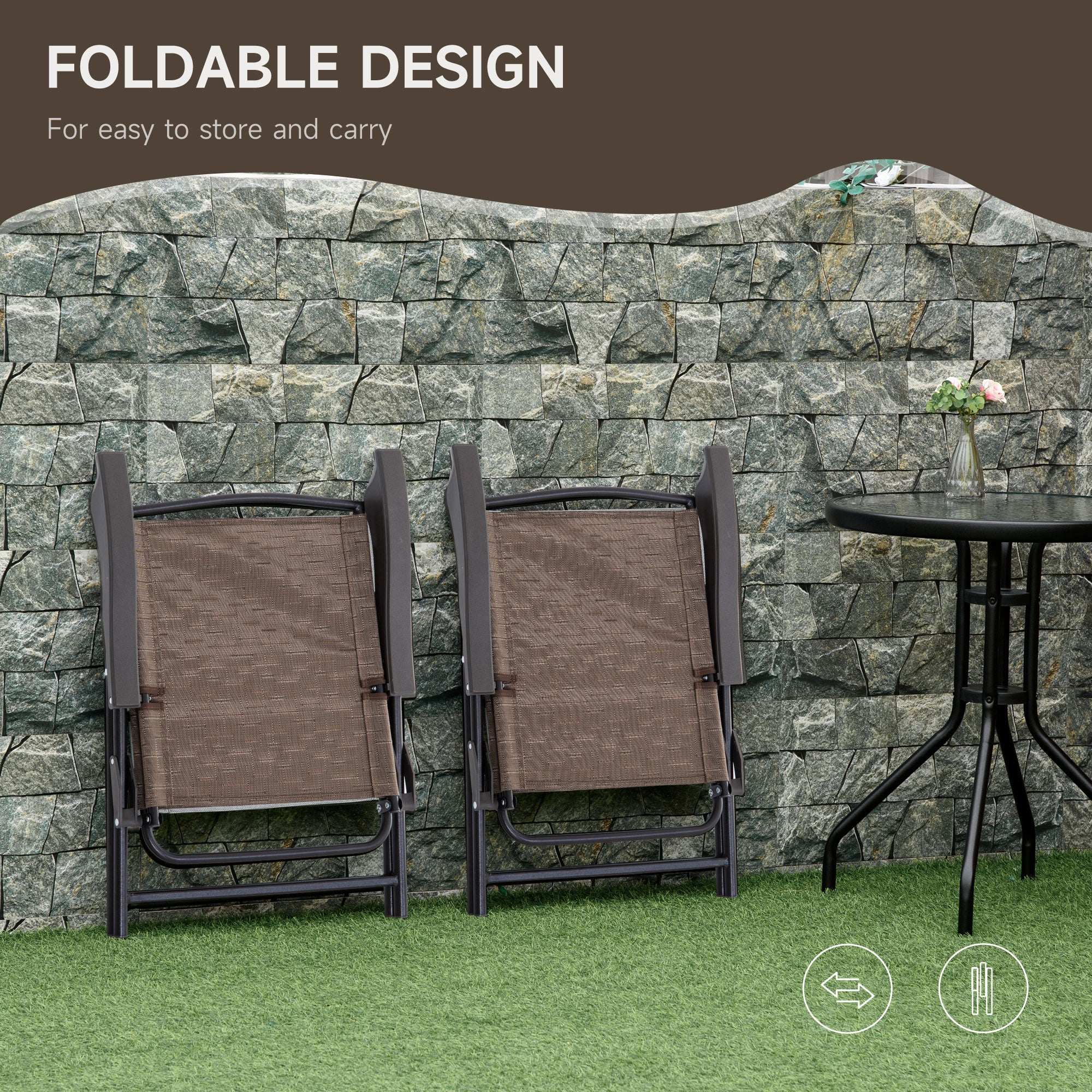 Outsunny 3 Piece Outdoor Bistro Set, Patio Conversation Furniture Set with 2 Folding Backrest Adjustable Armchairs and Glass Top Coffee Table, Brown