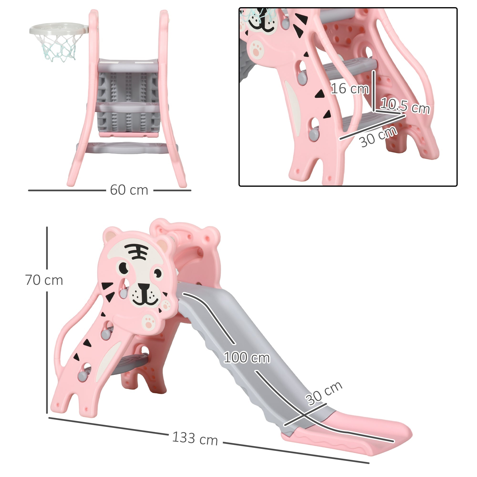 AIYAPLAY 3 in 1 Baby Slide for Indoor Use with Climber, Basketball Hoop, Basketball, for Ages 18-36 Months - Pink