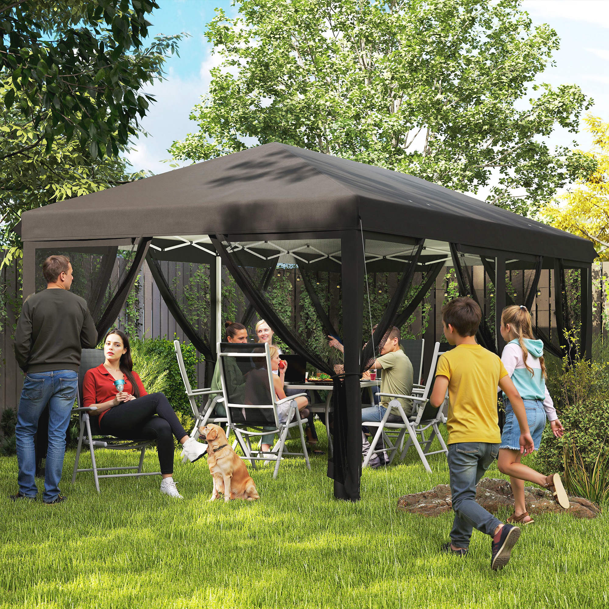 Outsunny 3 x 6m Pop Up Gazebo, Outdoor Canopy Shelter, Marquee Party Wedding Tent with 6 Mesh Walls and Carry Bag, Black