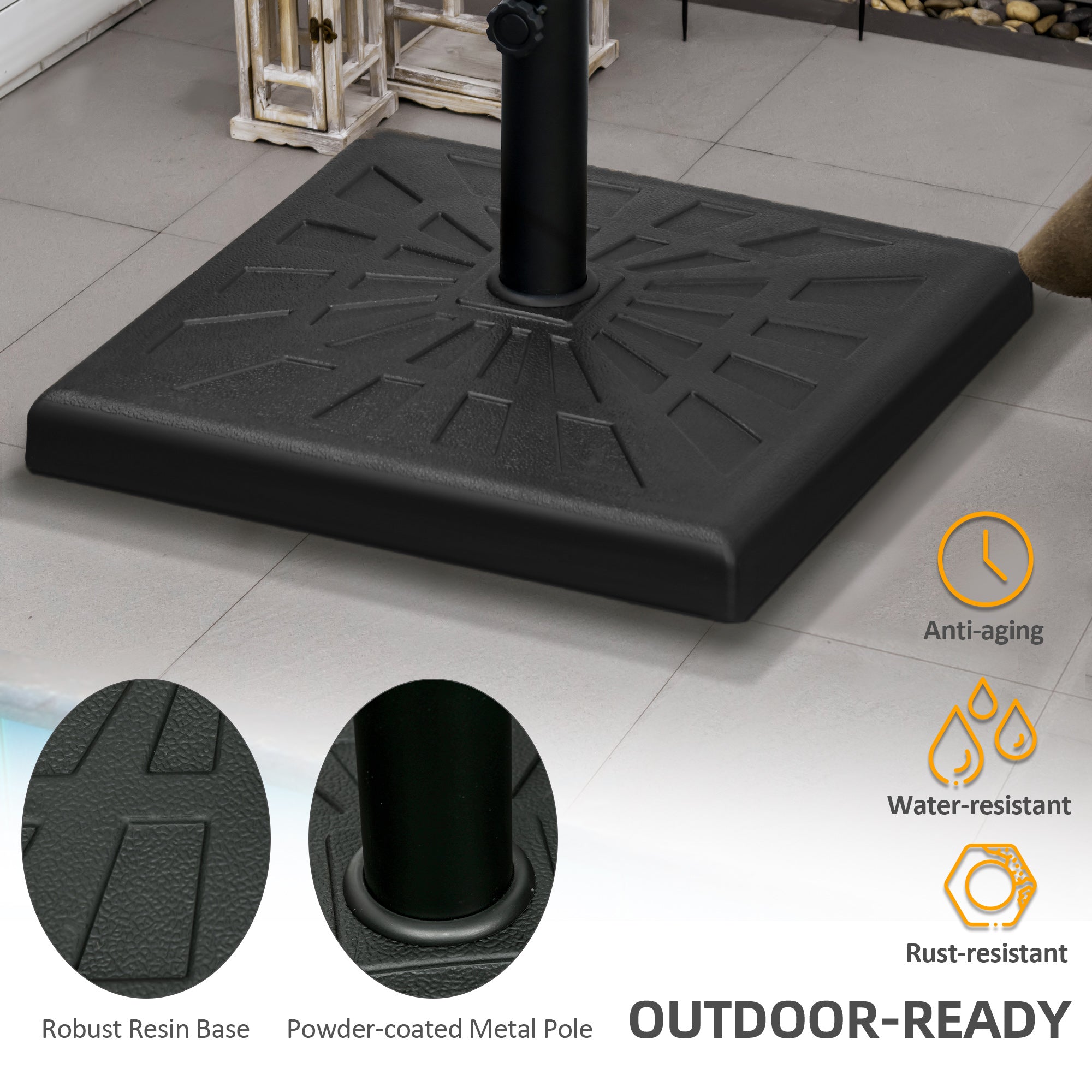 Outsunny 19kg Resin Garden Parasol Base Holder, Square Outdoor Market Umbrella Stand Weight for Poles of 32mm, 38mm, and 48mm, Black
