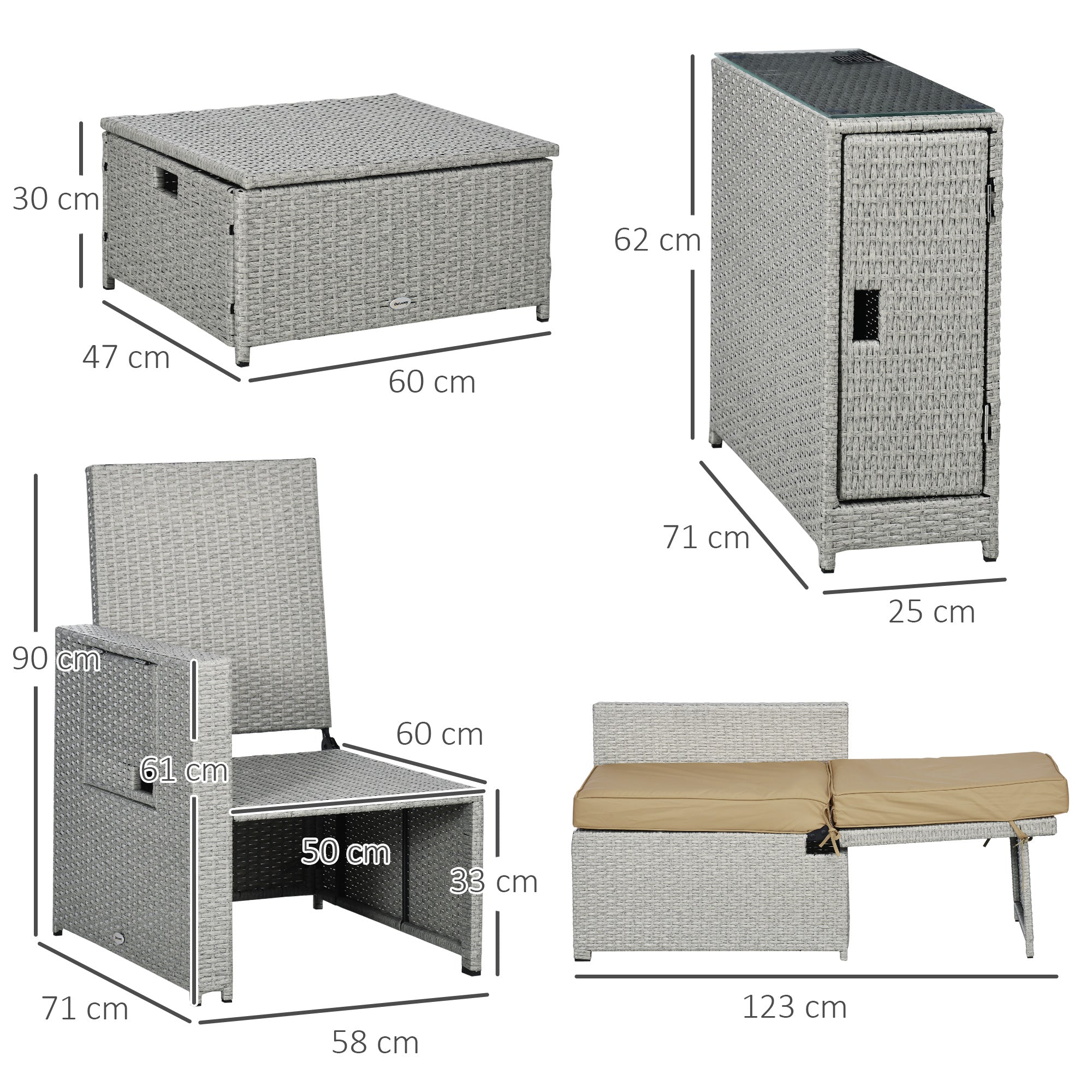 Outsunny 5PC PE Rattan Sun Lounger, Outdoor Wicker 5-level Adjustable Recliner Sofa Bed with Storage Side Table and Footstools, for Patio, Garden, Poolside, Beige