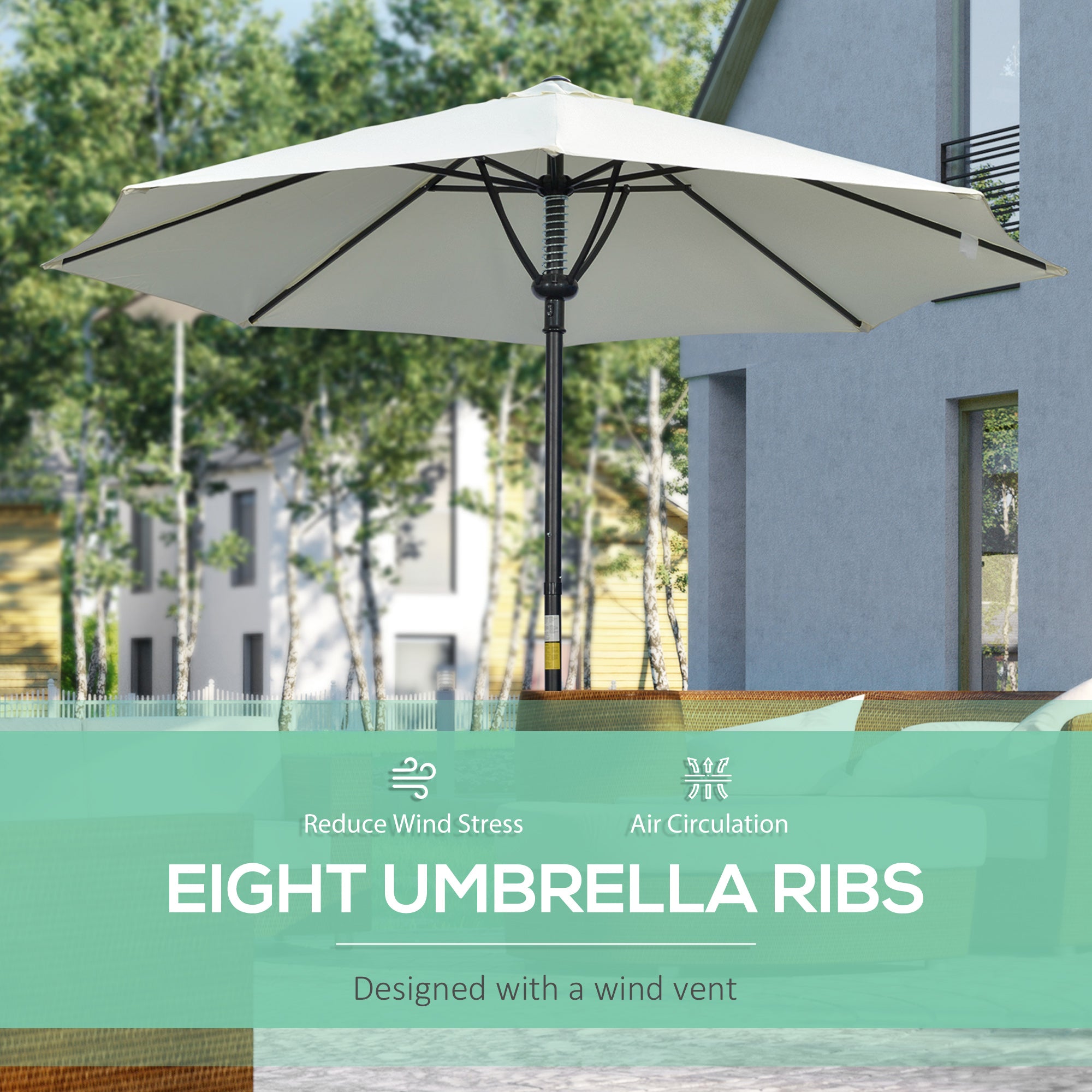 Outsunny Garden 3 m Parasol Umbrella, Outdoor Market Table Umbrella Sun Shade Canopy with 8 Ribs, Easy Push to Open, Cream