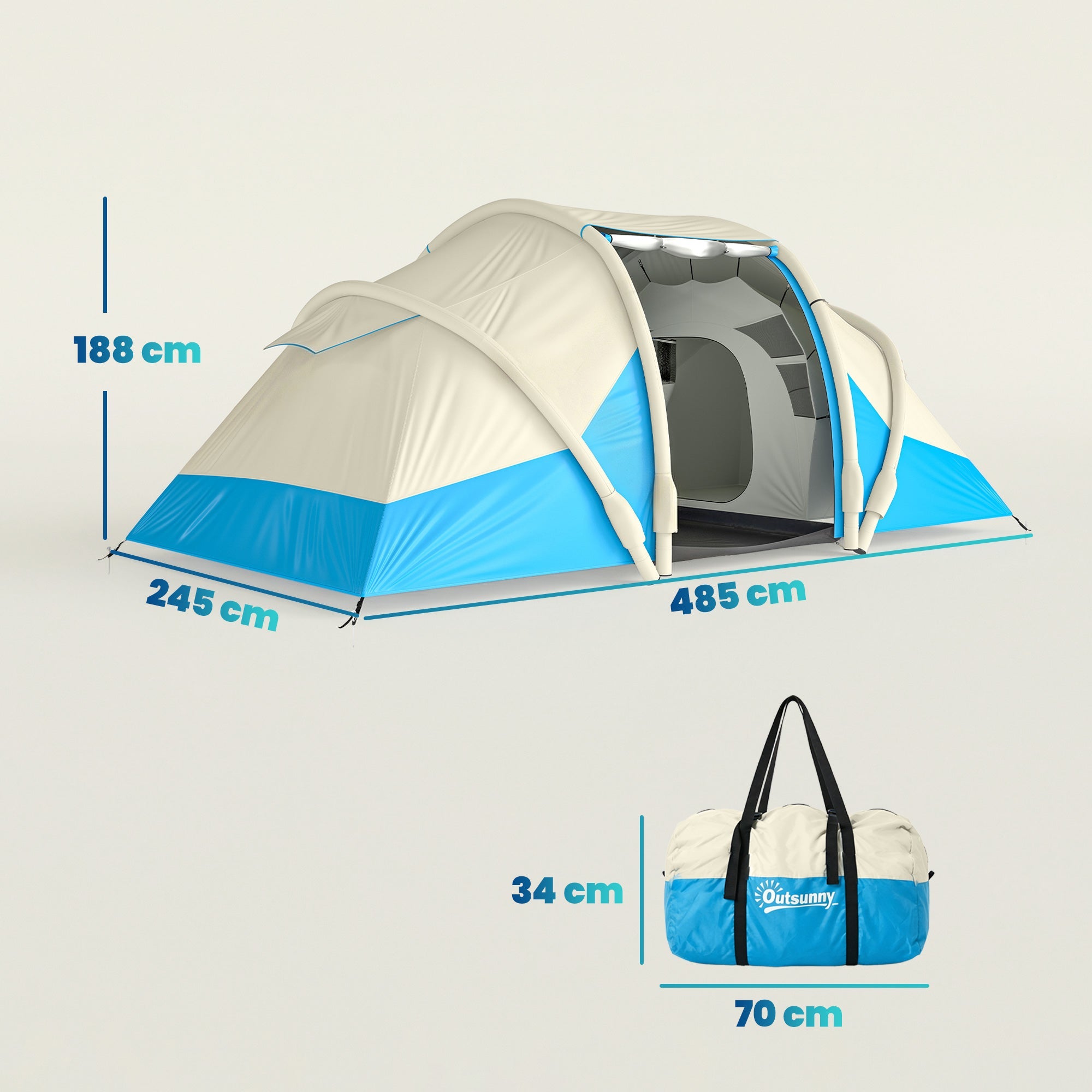 Outsunny Inflatable Tent 2 Bedroom 3000mm Waterproof Windproof Air Tent with Carry Bag for 2-4 Person