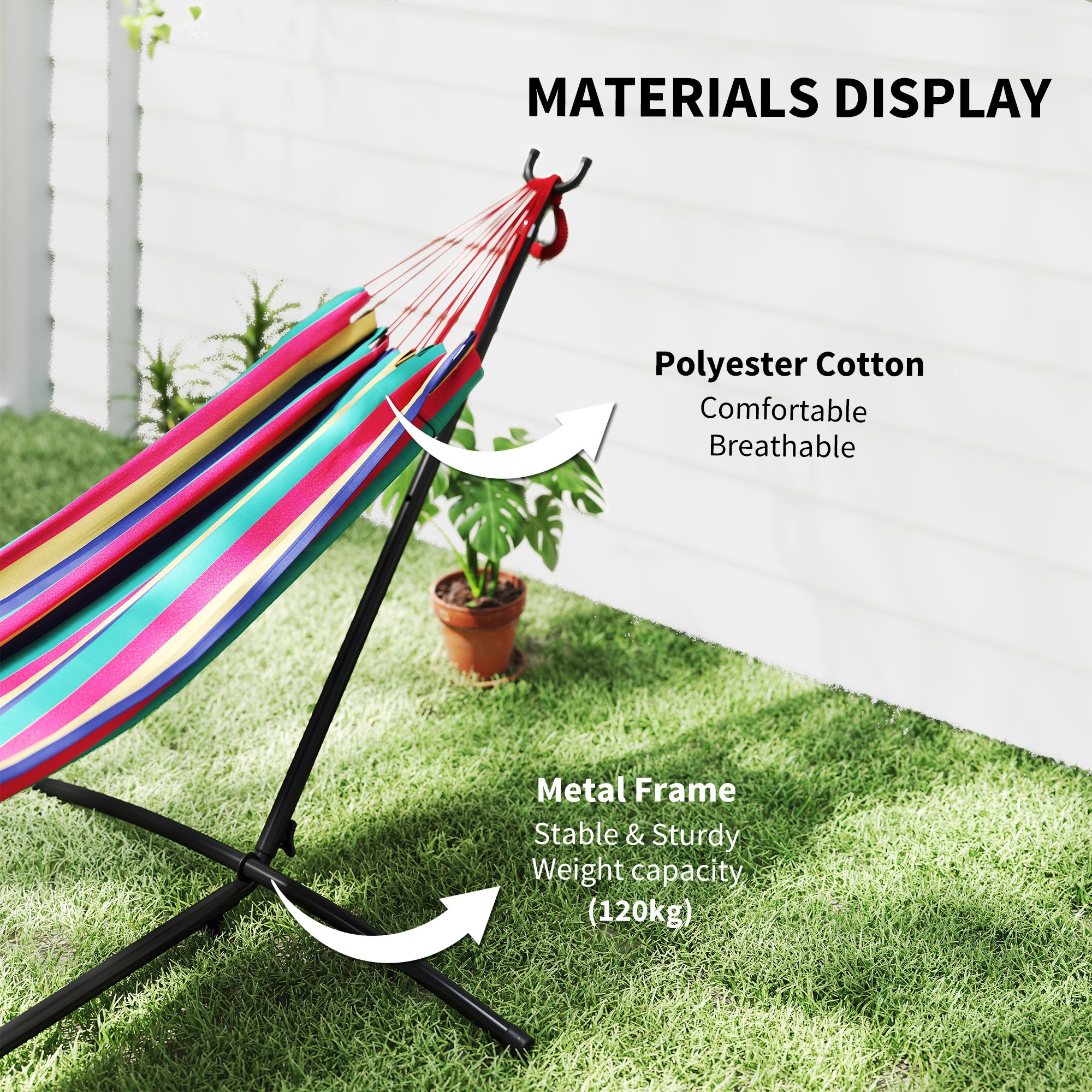 Outsunny 298 x 117cm Hammock with Stand Camping Hammock with Portable Carrying Bag, Adjustable Height, 120kg Load Capacity, Red Stripe