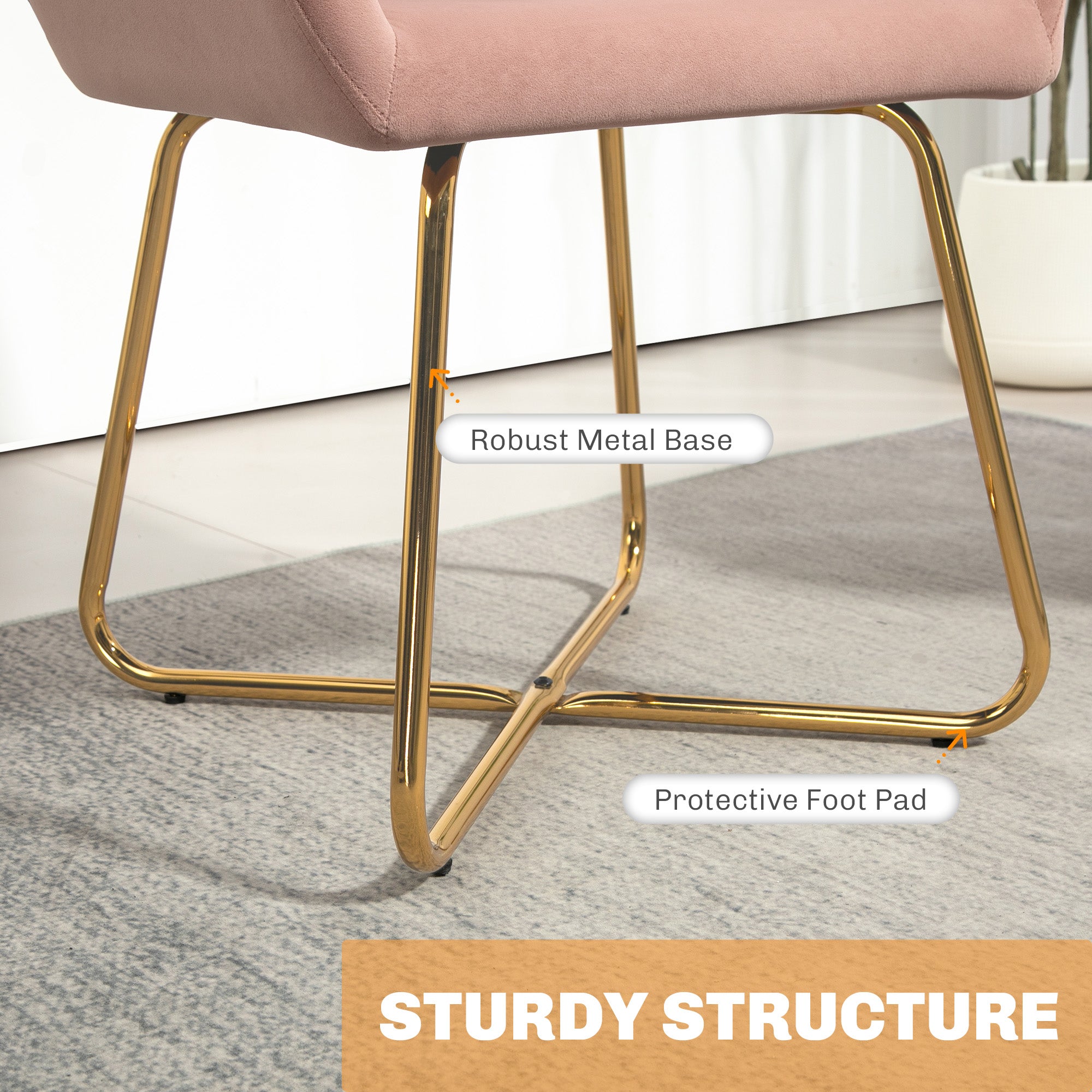 HOMCOM Modern Arm Chair Set of 2 Upholstered Accent Chair with Metal Base for Living Room Pink