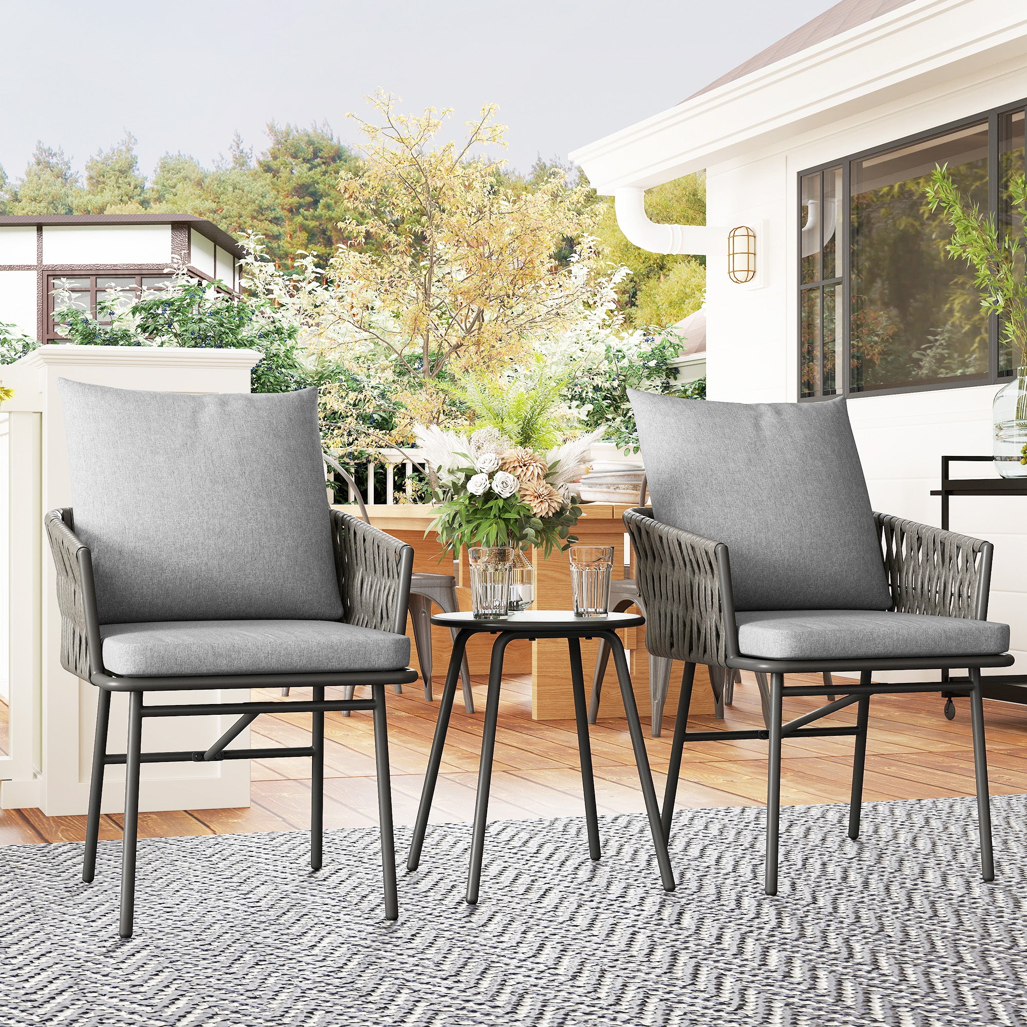 Outsunny 3-Piece Rattan Bistro Set, Garden Table and Chairs with 4 Cushions, Patio Rattan Conversation Furniture Set for Balcony, Porch, Terrace, Grey