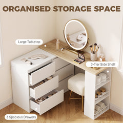 HOMCOM Vanity Table, Dressing Table with 6 Drawers and 3-Tier Shelf for Women and Girls, White