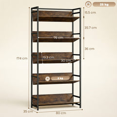 HOMCOM Bookshelf 5-Tier Metal Frame Room Divider Bookcase Storage Shelves for Living Room Rustic Brown
