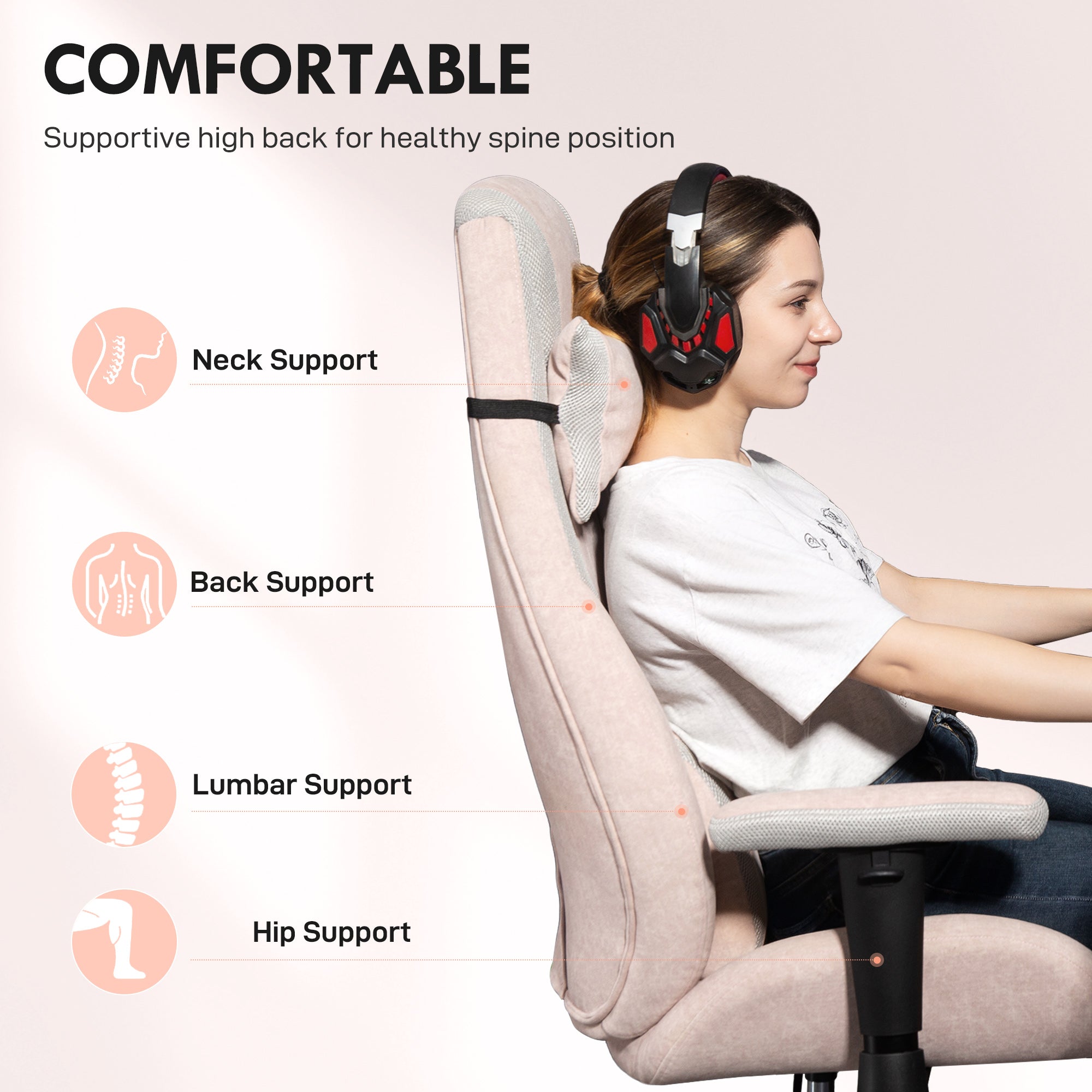 HOMCOM Fabric Gaming Chair with Lumbar Support, Headrest - Pale Pink