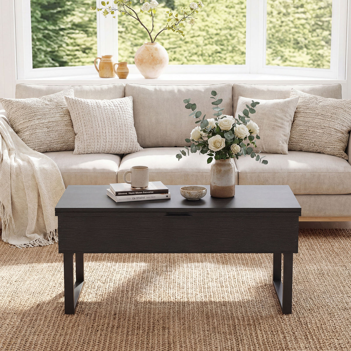 Lift Top Coffee Table 3-in-1 Convertible Coffee Table with 3 Storage Compartments-Black
