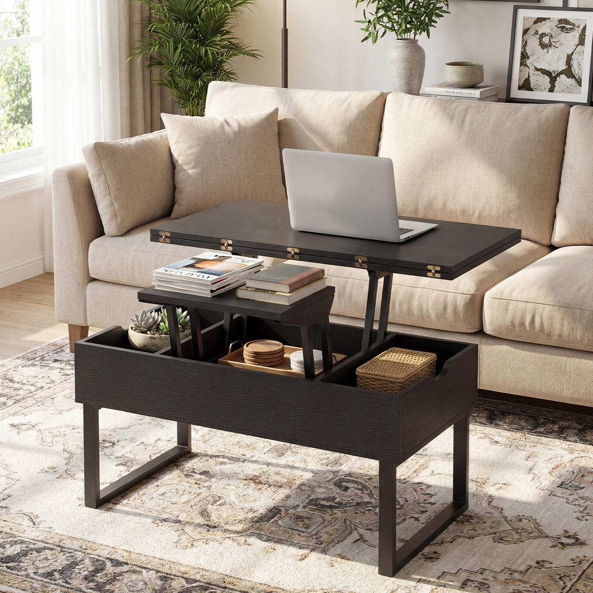 Lift Top Coffee Table 3-in-1 Convertible Coffee Table with 3 Storage Compartments-Black