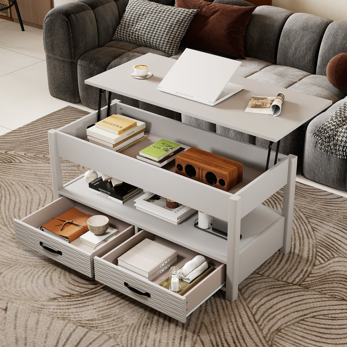 Lift Top Coffee Table Farmhouse Accent Table with Storage-Grey