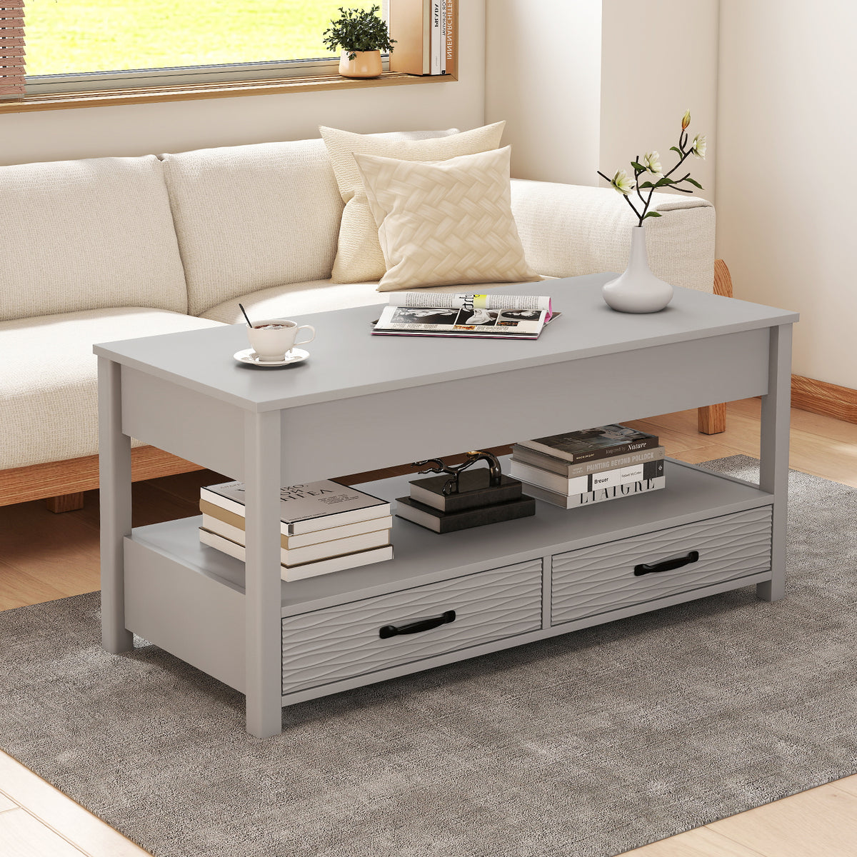 Lift Top Coffee Table Farmhouse Accent Table with Storage-Grey